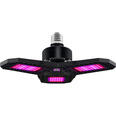 Lámpara de cultivo LED plegable, 3 paneles de 90°, base E27, espectro rojo y azul.