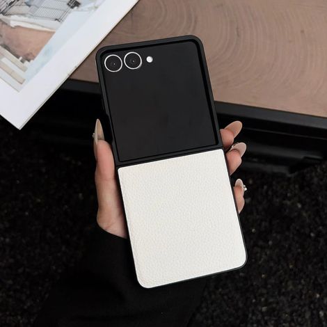 (Blanc, Galaxy Z Flip6) Étui de téléphone minimaliste en cuir grainé, protection d'écran pliable.