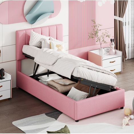 Bett Bettgestell Stauraum 90x200 Polsterbett Rosa OKMYHOME (1/5)