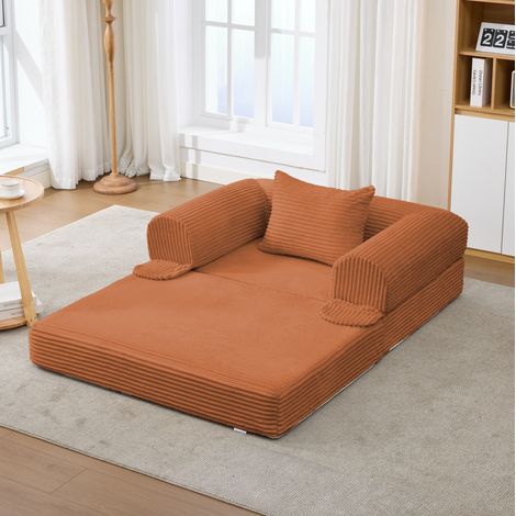 1-Sitzer-Schlafsofa aus orangefarbenem Cordstoff, 120 x 85 x 65 cm, mit Kissen (1/5)