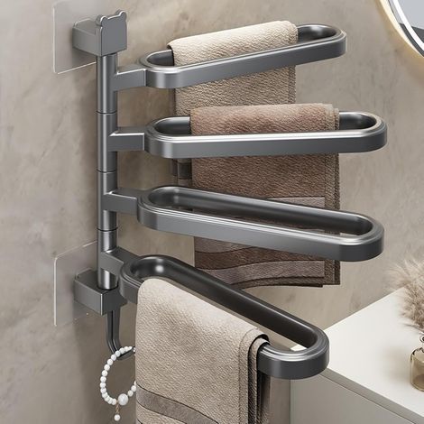 Porte-serviettes rotatif avec crochets, 4 barres de suspension, porte-serviettes pour salle de bain et cuisine, organisateur de rangement mural. (1/5)