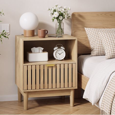 Comodino moderno stile mid-century in MDF rovere, 1 cassetto, vano aperto e ripiano, 45 x 39 x 56,5 cm