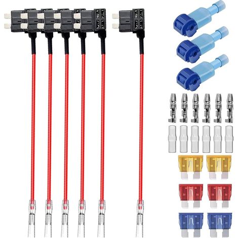 6pcs 12V-24V Adaptateur de Fusible Standard Add-A-Circuit avec Faisceau de Câbles,Porte-Fusible Moyen avec 6pcs Fusibles de Remplacement(5A/10A/15A) (1/5)