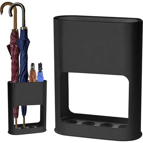 Porte-parapluie avec bac d'égouttement amovible, 22 x 9 x 28 cm, 4 emplacements, pour entrée et intérieur, pour petits et longs, noir (1/5)