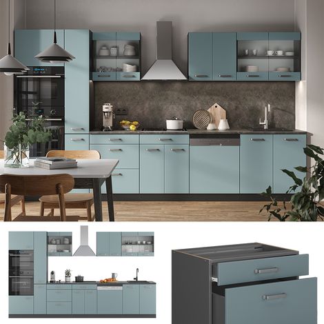 Cuisine R-Line, Bleu-gris/anthracite, 350 cm avec armoire haute, PT Marbre, Vicco