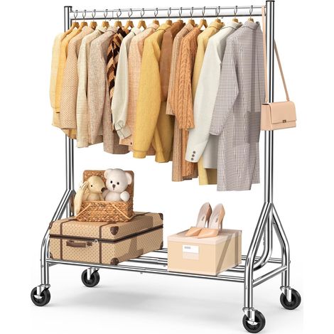 Portant à vêtements robuste de 190,5 kg, portant à vêtements roulant avec roues verrouillables, portant à vêtements debout en métal avec étagères, porte-manteau portable robuste pour suspendre