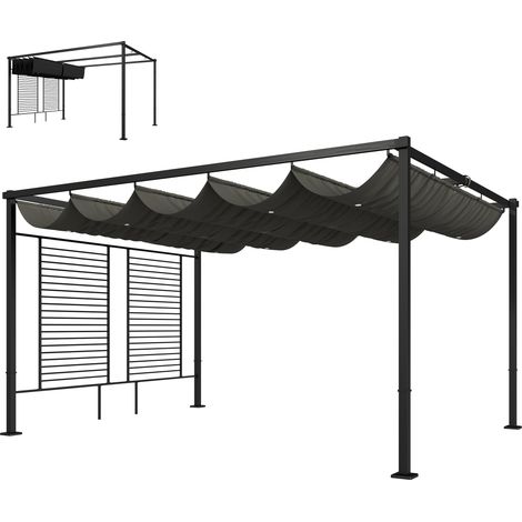 Pergola 3,87 x 2, 97 m Terrasse couverte avec toit coulissant. 2 Écran de confidentialité. UV 50, Gris foncé