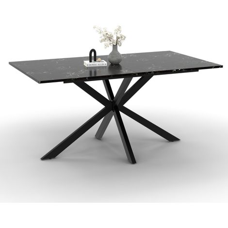 Idmarket – Table de salle à manger rectangle 160 cm – 8 personnes – Pied araignée noir – Plateau effet marbre noir – Style bohème chic