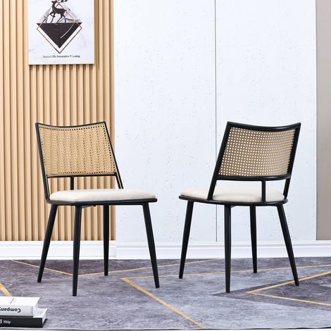 Lot de 2 chaises de salle à manger noires, assise rembourrée en similicuir PU, dossier effet rotin, structure métal, charge 120 kg (1/5)