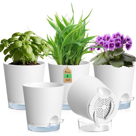 Selbstbewässernde Blumentöpfe 5er Set Ø 10 cm Weiß mit Wasserstandsanzeige (1/5)