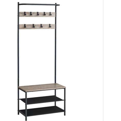 Mobile da ingresso 32,2 x 64 x 180 cm attaccapanni con panca e portascarpe 9 ganci rimovibili asta appendiabiti per corridoio camera da letto stile industriale grigio 120006392