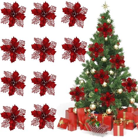 10 wiederverwendbare, glitzernde künstliche Weihnachtssternblüten zur Weihnachtsdekoration (1/5)
