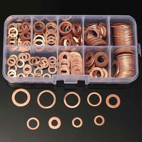 Kit de 200 rondelles, joints, écrous et boulons en cuivre, assortiment de joints toriques plats, avec boîte, M5-M14, pour applications électriques et de travail du bois (1/3)