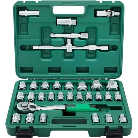 Socket Wrench Set 1/2 Inch Metric 8-32mm 72 Teeth Ratchet Hex Socket Understand Spark Plug Socket Auto Repair Kit(32pcs) (1/4)