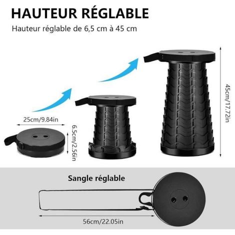 Tabouret Pliant - Hauteur Réglable 6,5 À 45 Cm - Capacité 180 Kg - Portable Pour Camping Et Extérieur - Noir (1/4)