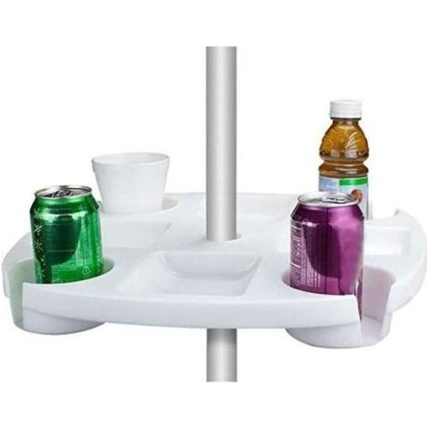 Round 42cm Plastic Beach Umbrella Table Tray with Cup Holder, Beer Holder, and Snack Storage Tray for Garden and Pool - White (1/4)