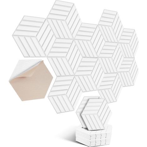 Packung mit 12 Akustikpaneelen, sechseckig, selbstklebend, Polyesterfaser, für Wände und Decken (1/5)