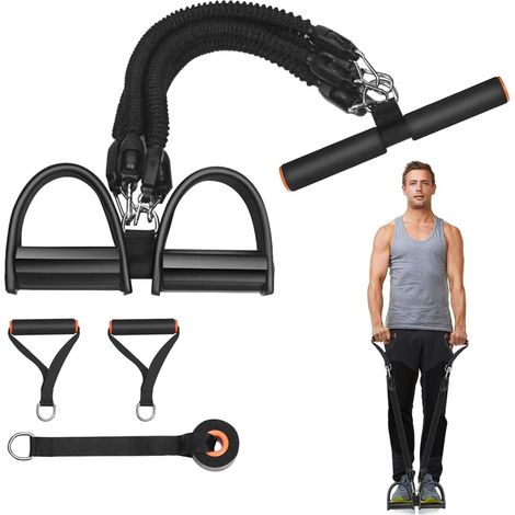 Bande de résistance avec pédale, 4 tubes, réglable jusqu'à 45 kg, polyvalente pour les exercices abdominaux. (1/5)