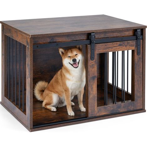 Cage pour chien avec porte coulissante de style grange, 80 cm, marron