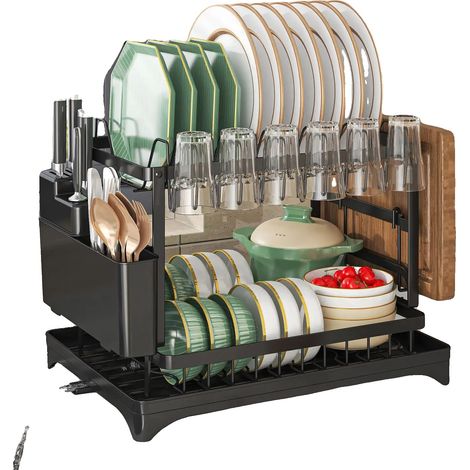Escurridor de platos, diseño autodrenante, compacto y duradero, negro, 423029 cm, 2 niveles (1/2)