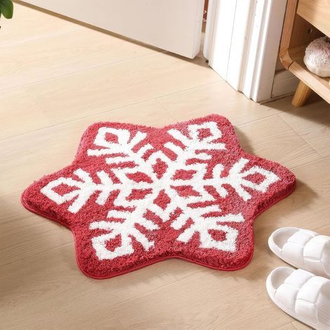 Tapis de salle de bain confortable et chaleureux, tapis absorbant floqué, décoration de salle de bain flocon de neige de Noël, lavable, absorbant, microfibre, antidérapant (flocon de neige) (1/5)