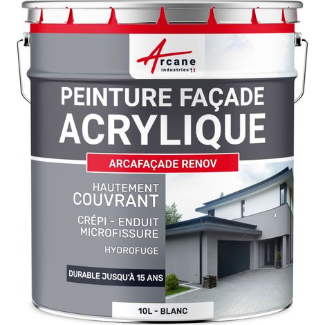 Arcane Industries – Peinture façade acrylique étanche – 10 L pour rénovation – Finition mate – Couvre micro-fissures – Jusqu'à 15 ans de durabilité