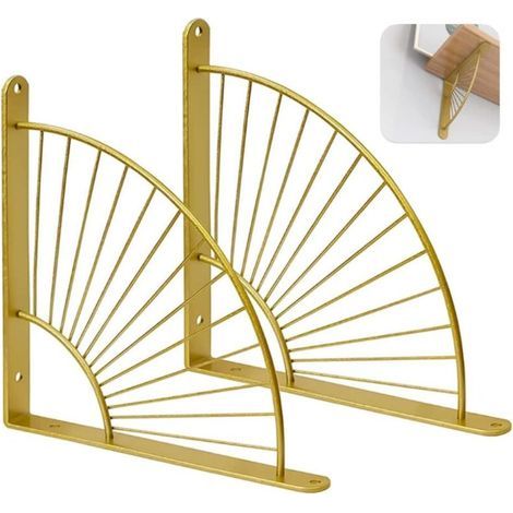 2 Supports D'étagères en Forme D'éventail Doré, Equerre Etagere Murale, Support Mural en Métal pour Restaurant, Support Triangulaire Flottant, étagères d'a (Or) (1/4)