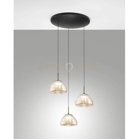 LUCILLE SOSPENSIONE COGNAC 3 LUCI IN VETRO ATTACCO TONDO A LED CCT 2700K - 3000K - 4000K- 21W - 2250lm DIMMERABILE