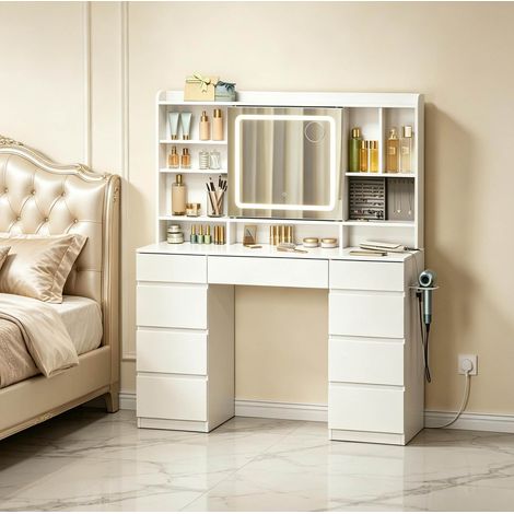 Tavolo trucco 110/40/140 cm bianco con specchio scorrevole, 9 cassetti, LED e prese integrate (1/5)