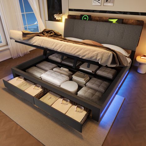 Cama doble con almacenamiento LED y USB gris OKMYHOME (1/5)