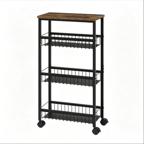 Servierwagen mit 4 Ebenen aus MDF und Metall, Schwarz mit Vintage Holzoptik, 40x87x20 cm (1/5)