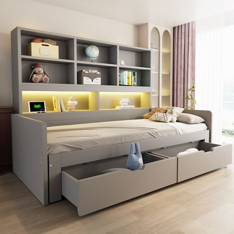 Lit banquette en bois 90/180x200cm, lit gigogne, rangement, LED, prises, Gris (1/5)