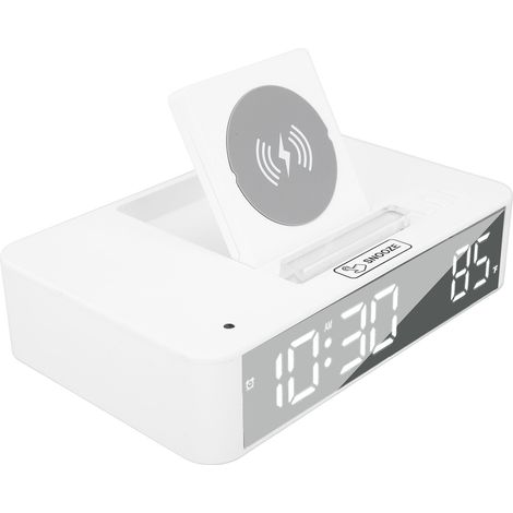 Réveil numérique 10 W avec commande à un bouton, miroir LED, chargement sans fil (10 W) pour chambre, bureau et maison, EN001, blanc (1/5)