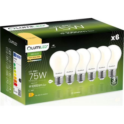 6x LED-Lampe E27 A60 8W = 75W 1055lm 3000K Warmweiß 360° Glühfadenbeleuchtung