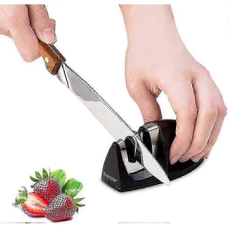 Affûteur de couteaux de cuisine manuel 2 en 1 pour couteaux en acier inoxydable et en céramique, base antidérapante noire, fentes d'affûtage en tungstène et en céramique (1/5)