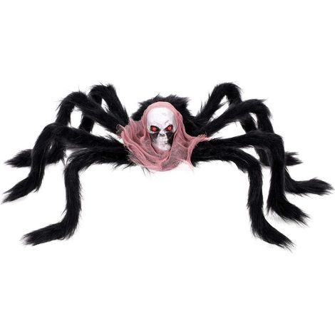 Araignée géante Halloween 76 cm, décoration en peluche réaliste et poilue avec visage crâne fantôme, intérieur, extérieur, jardin et fête (1/5)