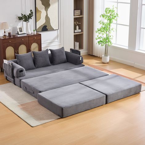 Sofá modular 200x190x67 cm gris oscuro en pana con otomana, 3 cojines y bolsillo lateral (1/5)