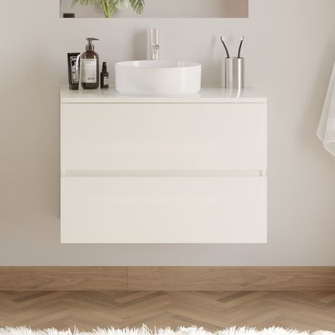 Meuble de salle de bain 70cm avec plateau et vasque à poser ronde - 2 tiroirs - sans miroir - blanc brillant - IDA (1/5)