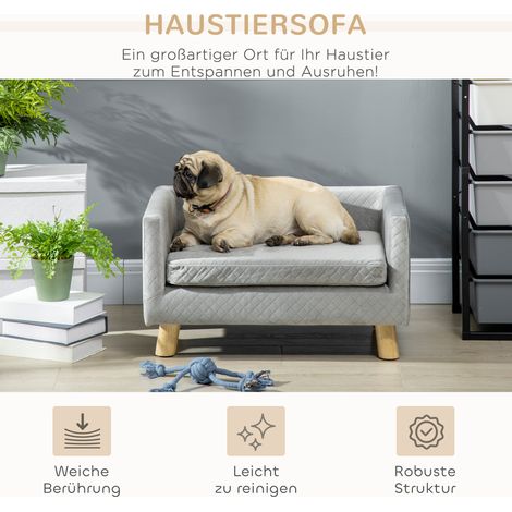 Canapé chien en velours gris foncé 64x45x36 cm, lit canin avec dossier rembourré, coussin moelleux pour petit chien ou chat, pieds bois (1/4)