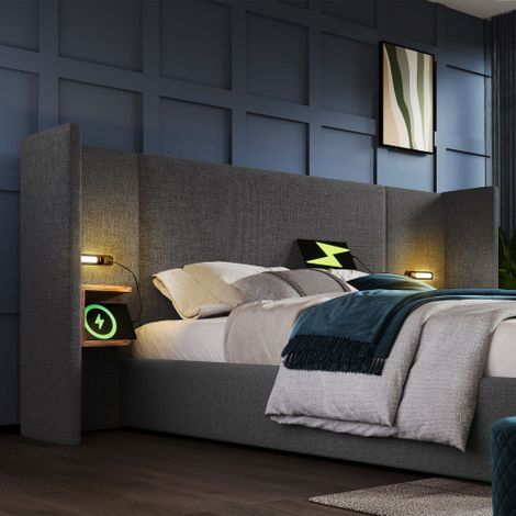 Polsterbett Doppelbett  mit Nachttisch, Leselampe und USB Type-C Ladefunktion, Bettanlage Stauraumbett Bettgestell mit Lattenrost aus Massivholz und Metall