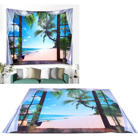 Tapisserie murale à motif paysage de plage avec fenêtre, pour salon ou chambre, 230 x 180 cm (1/5)