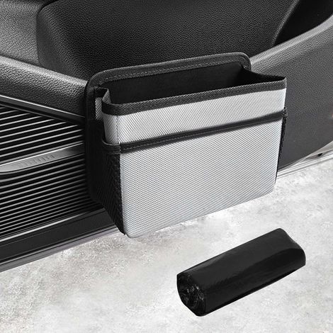 Poubelle de Porte Latérale de Voiture, Mini Poubelle de Voiture Pliable, Boîte de Rangement Suspendue de Voiture Portable avec 1 Rouleau de Sac Poubelle, pour SUV Camion Camping-car (Gris argenté) (1/5)
