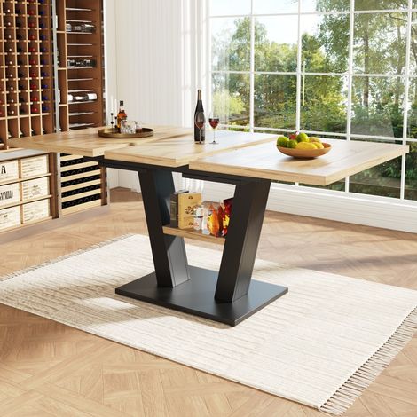 Mesa de comedor extensible - 118-157 x 70 x 75 cm - Telescópica - Capacidad para 6-8 personas - Patas en forma de V - Madera natural y diseño en negro (1/5)