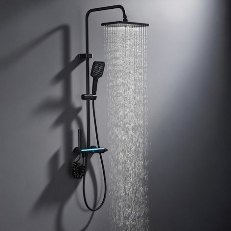 Duscharmatur Komplettset mit Glasablage - Regendusche mit Armatur und 30cm, Duscharmatur mit Klavierknopf, 4 Strahlarten und 3-Funktions-Handbrause, Duschgarnitur mit Regendusche Schwarz (1/5)