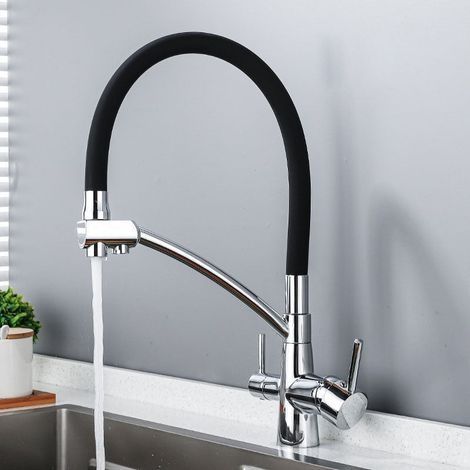Mitigeur Cuisine 3 Voies Flexible Robinet Évier Eau Potable Réglable 360 Double Poignée Laiton Plaqué Argent Noir (1/4)