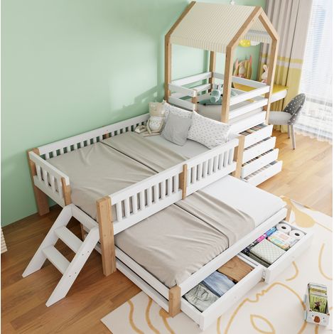 Lit enfant 90 x 200 cm avec lit gigogne 90 x 190 cm, rangements et toit en tissu HAVRYA (1/5)