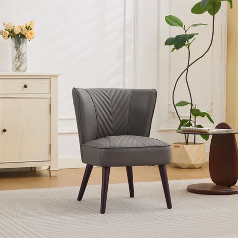 Fauteuil de salon en cuir véritable gris, sans accoudoirs – piètement en hévéa massif, fauteuil au confort moderne