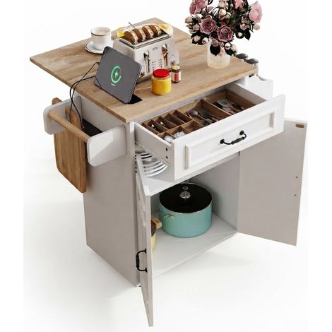 ELVMI Carro de Cocina con 2 Puertas, Cajón, Estante Ajustable, Encimera Abatible y Ruedas, MDF, 66 x 60 x 90 cm, Blanco (1/5)