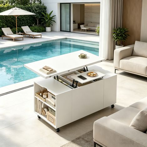 Table basse mobile avec plateau relevable, table de salon escamotable à roulettes verrouillables, table d'appoint multifonction, bureau d'étude compact (1 pièce) (1/5)
