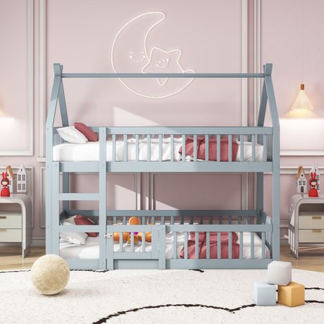 Lit superposé enfant 90×200cm gris familial,design mezzanine avec escalier,cadre en bois massif,lit double stable pour enfants et adolescents